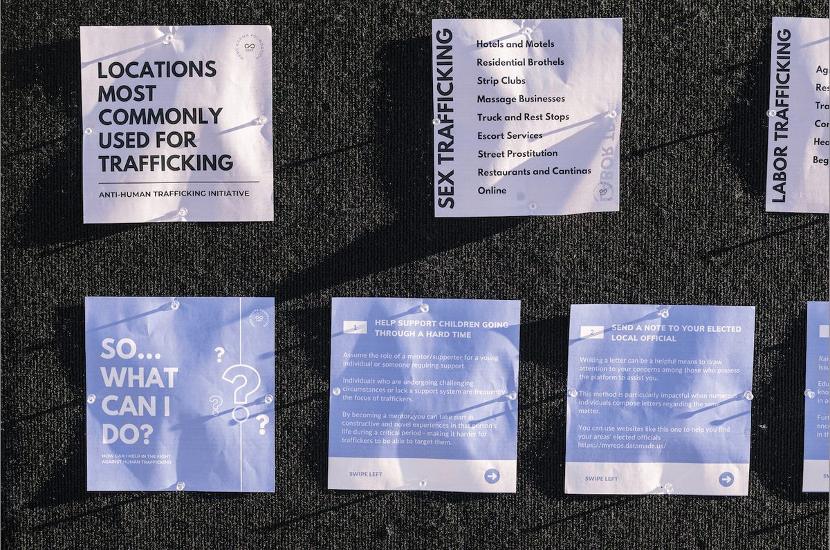 Trafficking awareness cards listing warning signs
